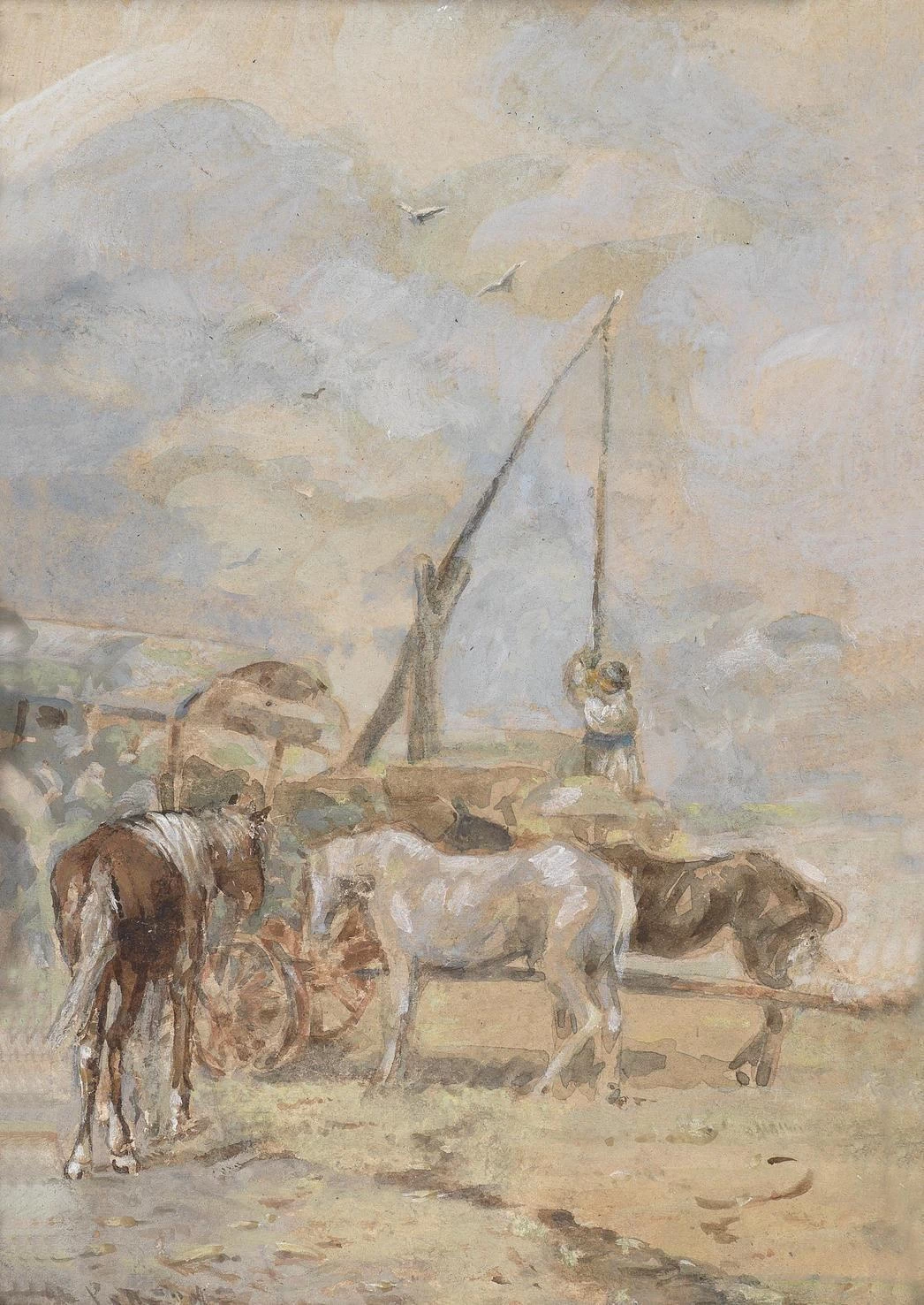 Cavallo e carro riposano alla fontana